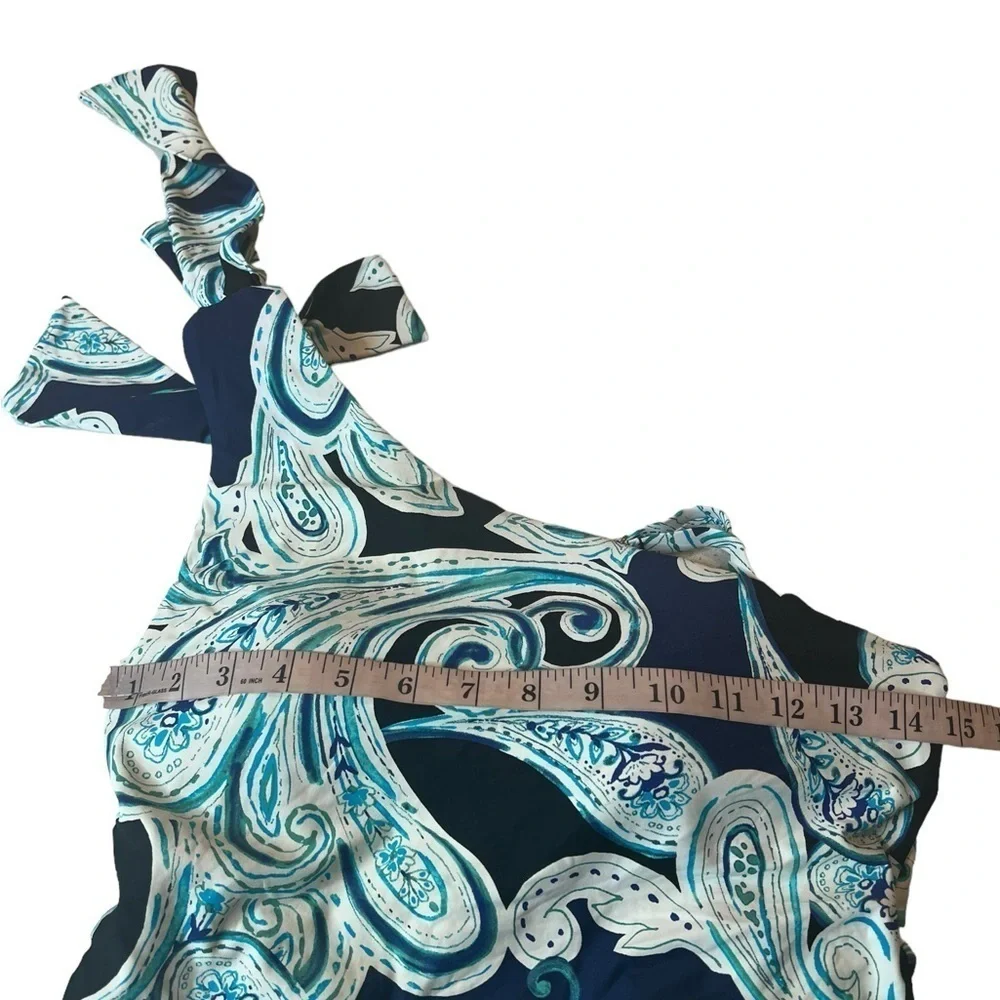Swim Solution One Shoulder Navy Paisley One Piece Swimsuit Tummy Enhancer - Picture 11 of 15